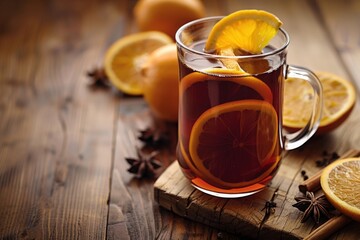 Glass of mulled wine with orange slices and spices on a wooden table
