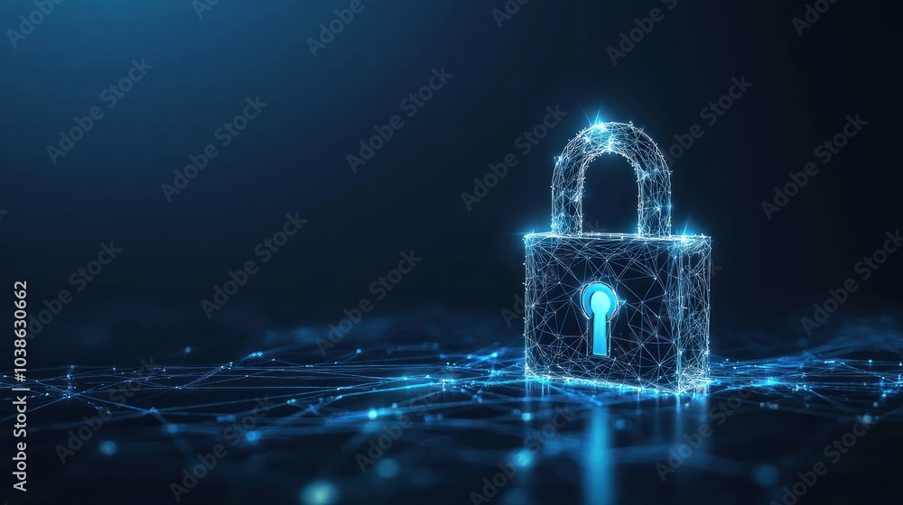 Poster cybersecurity and digital data protection theme featuring a small padlock with binary polygon interc