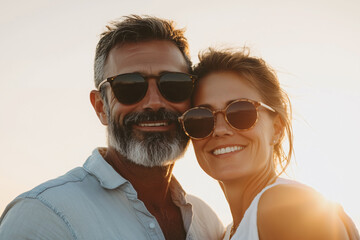 Middle aged couple over isolated white background with sunglasses