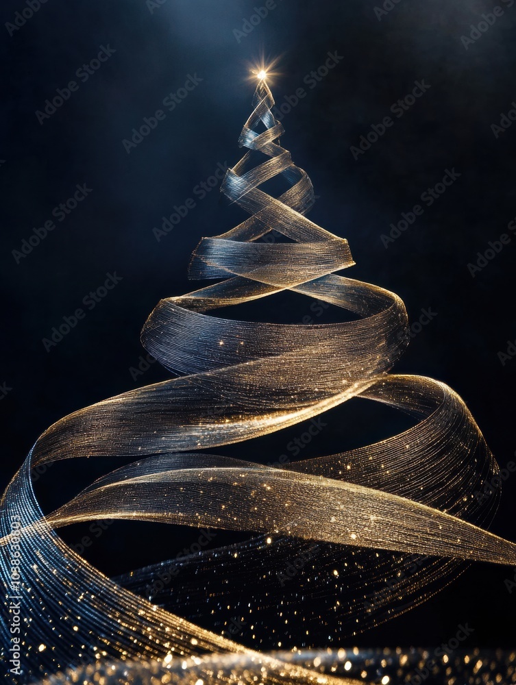 Poster interwoven golden and silver lines create a stunning silhouette of a christmas tree, shimmering agai