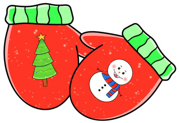 A pair of red Christmas gloves decorated with a Christmas tree and a snowman on each hand.