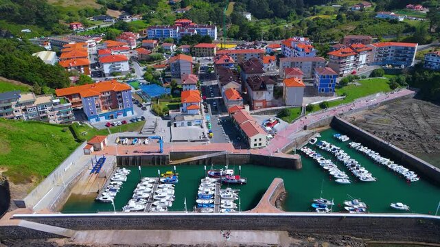 Aerial view from a drone of the landscape around the village of Armintza in the municipality of Lemoniz. Cantabrian Sea. Bizkaia. Basque Country. Spain. Europe