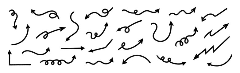 Hand-drawn grunge doodle chalk arrows set. Black brush arrow elements and symbols of direction pointers for the infographic. Arrows for web design or interface. Vector direction navigation.
