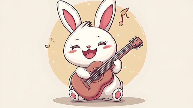 A cute white bunny rabbit with closed eyes smiles as it plays a brown acoustic guitar with music notes floating around it.