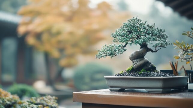 A tranquil bonsai garden with meticulously shaped miniature trees, Bonsai tools arranged with zen-like precision, Japanese garden style