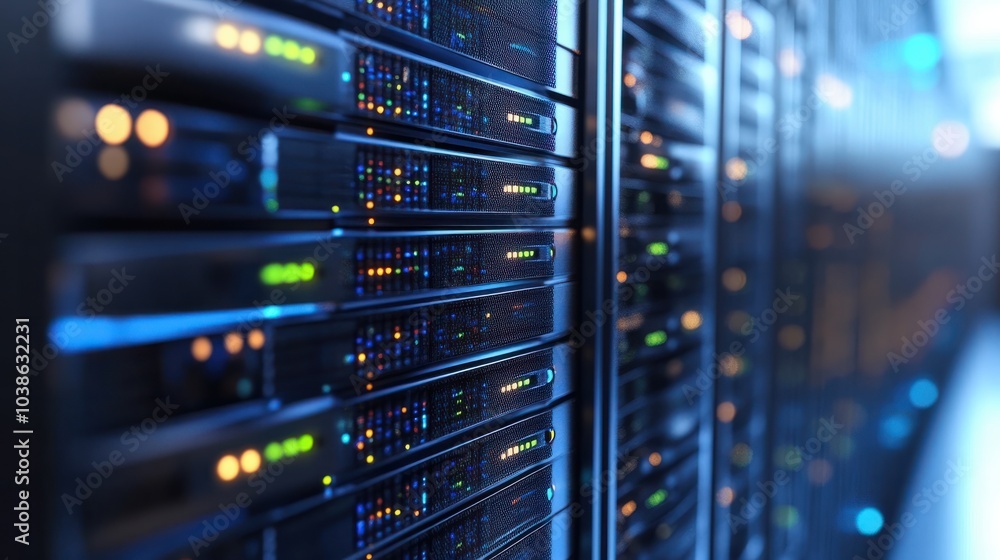 Poster detail of servers in a rack at a data center