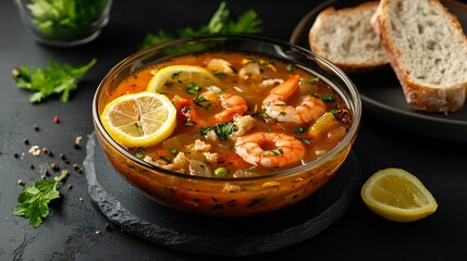 Minimalist setup of Bouillabaisse soup in a modern glass bowl, on a clean matte black background, paired with lemon slices and crusty bread
