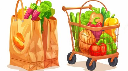 An illustration of a grocery bag and a shopping cart filled with fresh produce on a white background

