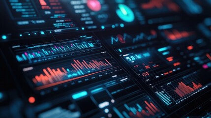 Fototapeta premium Digital dashboard displaying financial data and analytics with various graphs and charts.