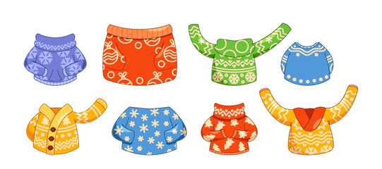 Cartoon Christmas Clothes Showing Bright Winter Wear In Colorful Patterns And Designs Capturing A Festive Spirit