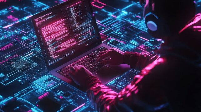 Digital technology, software development concept. Coding programmer working on laptop with circuit board and javascript on virtual screen