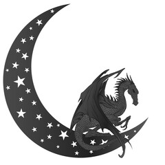 dragon perched on a crescent moon grayscale illustration © AM
