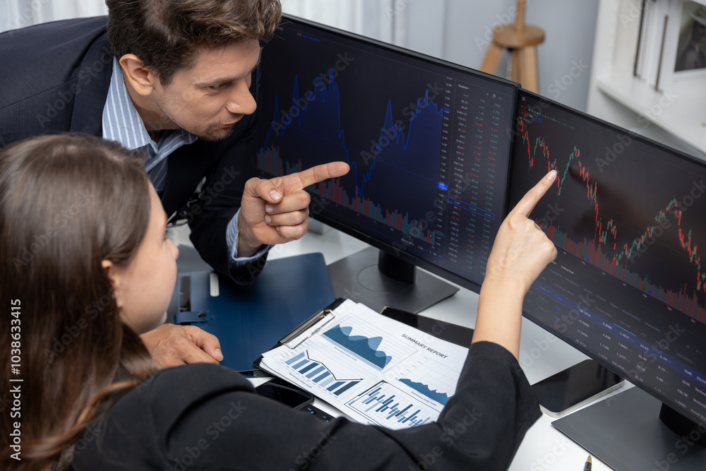 Poster two business traders discussing value business statistic graph company on paper report analyzing wit