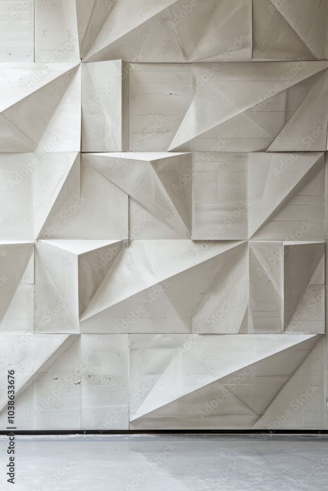 Poster a close-up of a geometric concrete wall featuring modern triangular patterns in neutral tones, perfe