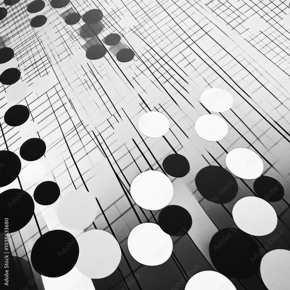 Poster a striking arrangement of circles, varying in size, dispersed along a diagonal line grid creates a d