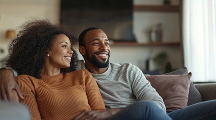Fototapeta premium A happy couple sitting on their new sofa in a cozy living room, enjoying a moment together after a furniture shopping trip.