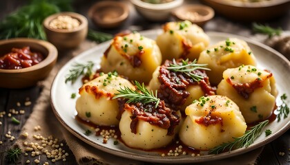 Potato dumplings stuffed with smoked meat, czech original meal, very unhealthy, but delicious
