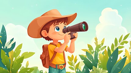 A young boy wearing a brown hat and a backpack looks through binoculars while exploring the forest.