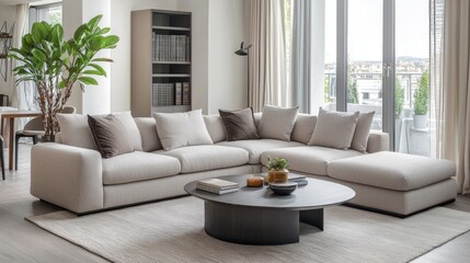 Fototapeta premium A modern living room with sleek new furniture, including a sectional sofa and a stylish coffee table, perfectly arranged.