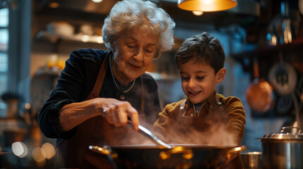 A grandma senior woman patiently guides her young nephew grandson how to cook