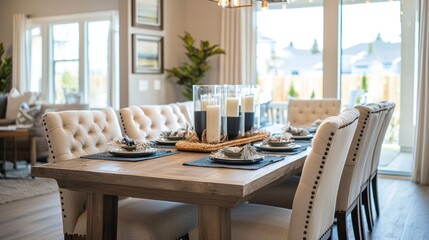 Fototapeta premium A cozy dining area featuring new furniture, such as a large table and comfortable chairs, ready for family meals.
