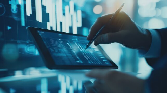 Documents, tablet and hands of business people in office with finance data, statistics or charts. Discussion, corporate and actuary with paperwork for client on financial contract for investment risk