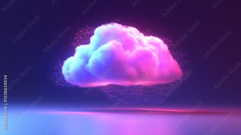 Poster floating cloud icons connected by light data streams represent the seamless network and storage capa