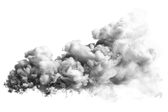 Thick gray smoke cloud creating a moody ambiance isolated on transparent background