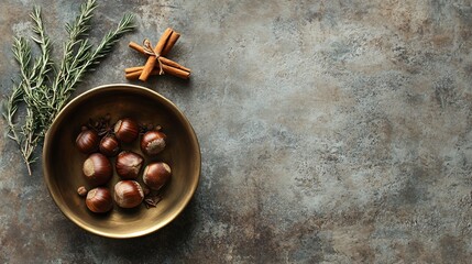 Chestnuts in a brass bowl, placed on a natural stone surface, with small bundles of cinnamon and sprigs of rosemary