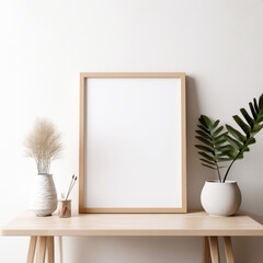 Blank picture frame mock up on a wooden table