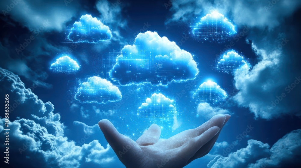 Poster futuristic cloud computing background showcasing a businessmanâs hand with cloud icons, representi