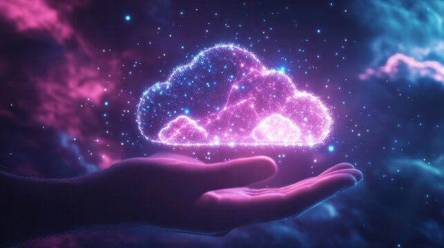 Futuristic cloud computing background showcasing a businessmanâs hand with cloud icons, representing data transfer, secure online storage, and application system connectivity.