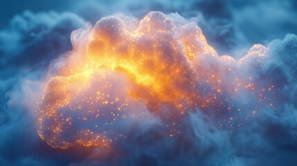 Futuristic digital cloud with a glowing network structure, symbolizing cloud computing and data technology, amidst a dreamy backdrop. 3D Illustration.