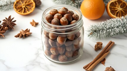 Fototapeta premium Chestnuts in a glass jar, isolated on a white marble background, with decorative cinnamon sticks and dried oranges around
