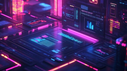 Obraz premium Futuristic Workflow Automation Concept with AI in Digital Document Management, Highlighting Streamlined Processes, Reduced Manual Tasks, and Advanced Technology at Night, Vibrant Colors, Tech Theme