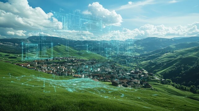 Futuristic Data Overlay on Rolling Green Hills and Village