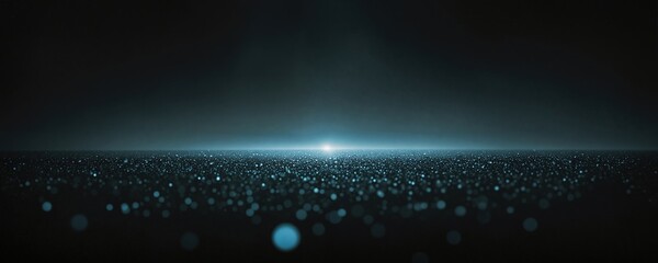 A dark, foggy landscape features a solitary light source casting a blue glow on a vast, black surface, creating a surreal and mysterious atmosphere