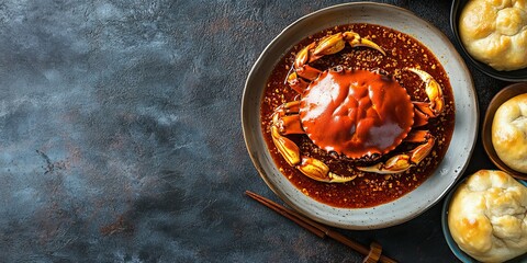 A whole chili crab in its bright red sauce with fried mantou buns