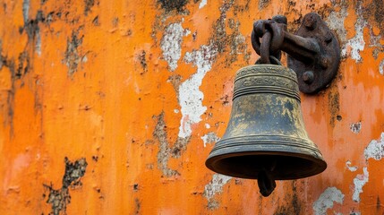 Obraz premium Close-up of a bronze bell on a distressed orange wall, worn metal and faded paint illustrating heritage and old-world craftsmanship.