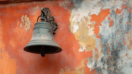 Obraz premium Close-up of a bronze bell on a distressed orange wall, worn metal and faded paint illustrating heritage and old-world craftsmanship.