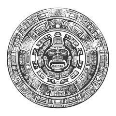 Hand Drawn Aztec Calendar with Central Deity Face