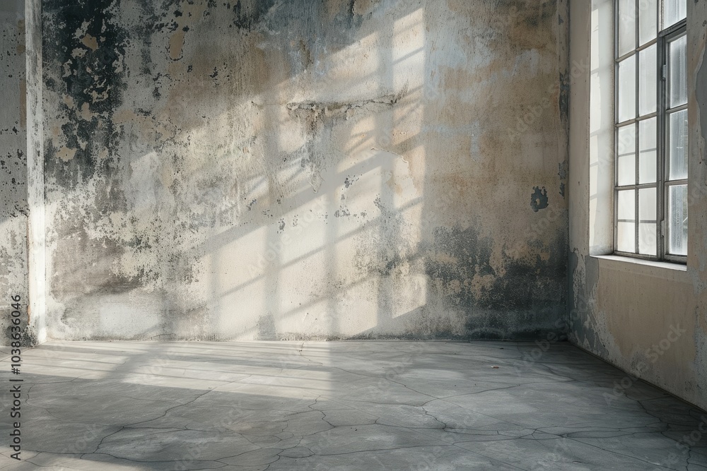 Poster sunlight streams through large windows, casting shadows on textured concrete walls in an industrial-