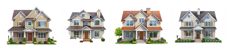 Four Homes with Landscaping and Green Lawns On Transparent Background.