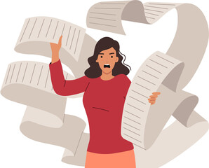 Problem of large bills to pay upsets aggressive woman holding long paper check. Girl has panic...