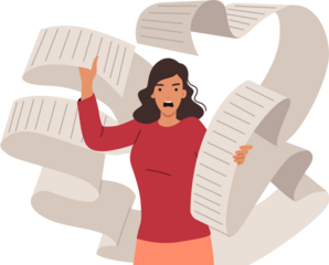 Problem of large bills to pay upsets aggressive woman holding long paper check. Girl has panic attack due to unfair tax bills or overload with routine tasks that require constant attention.