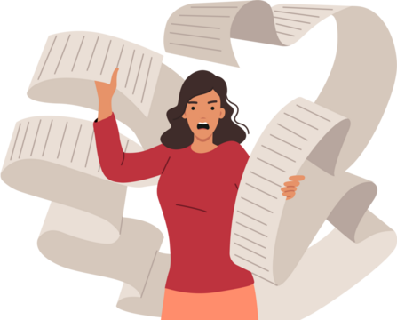 Problem of large bills to pay upsets aggressive woman holding long paper check. Girl has panic attack due to unfair tax bills or overload with routine tasks that require constant attention.