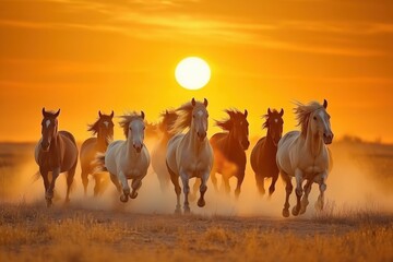 Fototapeta premium Dust Clouds and Wild Horses at Sunset