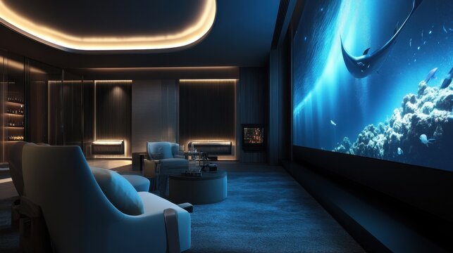 A stylish smart home theater with an immersive surround sound system and an interactive digital screen that customizes content based on viewer preferences, Modern entertainment space theme