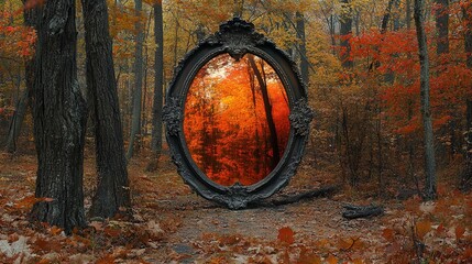 A large, ornate mirror is positioned in the midst of a serene autumn forest. The mirror's reflective surface displays a vivid orange and red landscape, suggesting a magical or altered reality. The sur