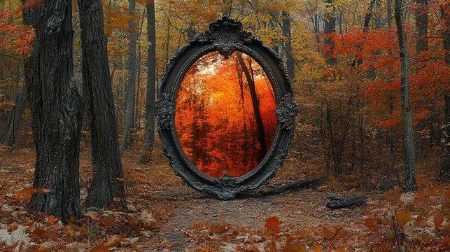 A large, ornate mirror is positioned in the midst of a serene autumn forest. The mirror's reflective surface displays a vivid orange and red landscape, suggesting a magical or altered reality. The sur
